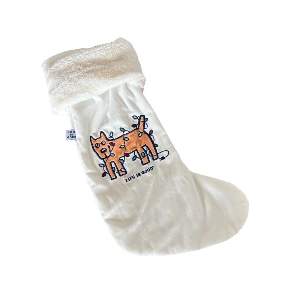 Life Is Good Dog Plush Christmas Stocking Decor Holiday Cream